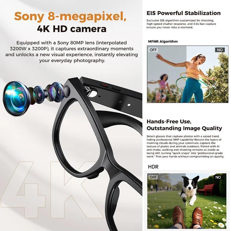 AI Smart Glasses Photo Video Recording 4K HD 8 Megapixel 290mah Translation Microphone Noise Reduction Smart Glasses Men Women