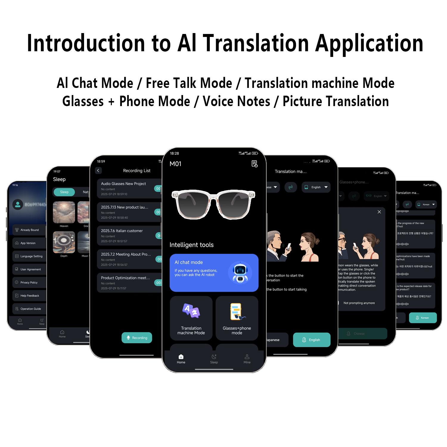 Smart AI translation audio glasses, real-time app translation in over 160 languages, light-sensitive color-changing lenses