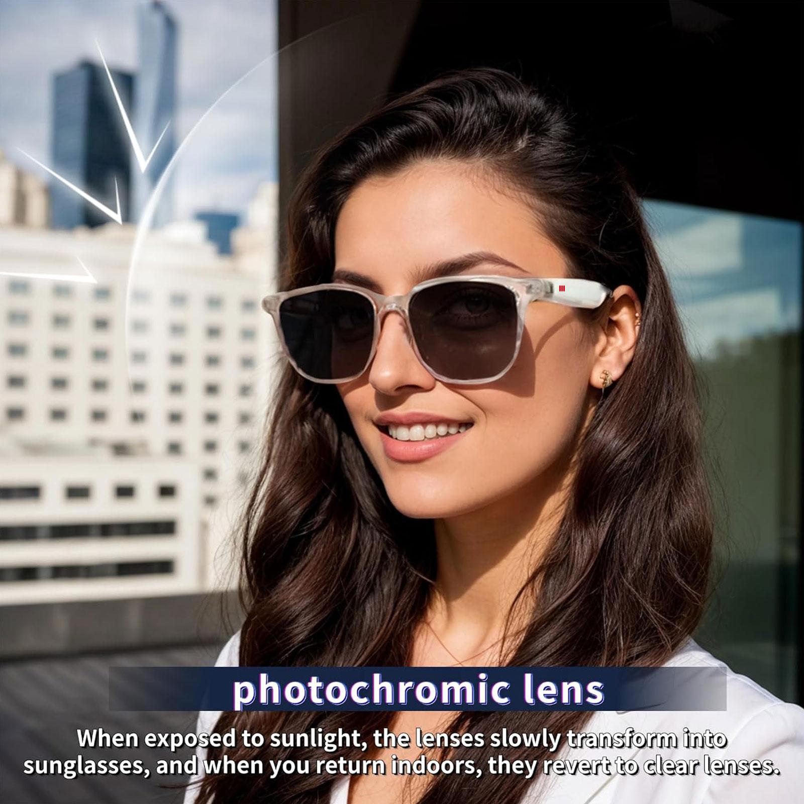 Smart AI translation audio glasses, real-time app translation in over 160 languages, light-sensitive color-changing lenses