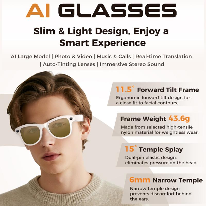 M02 AI Smart Glasses 8MP Camera Video Recording 100+ Languages ​​Translation Sunglasses  Music with Charging Box Smart Glasses