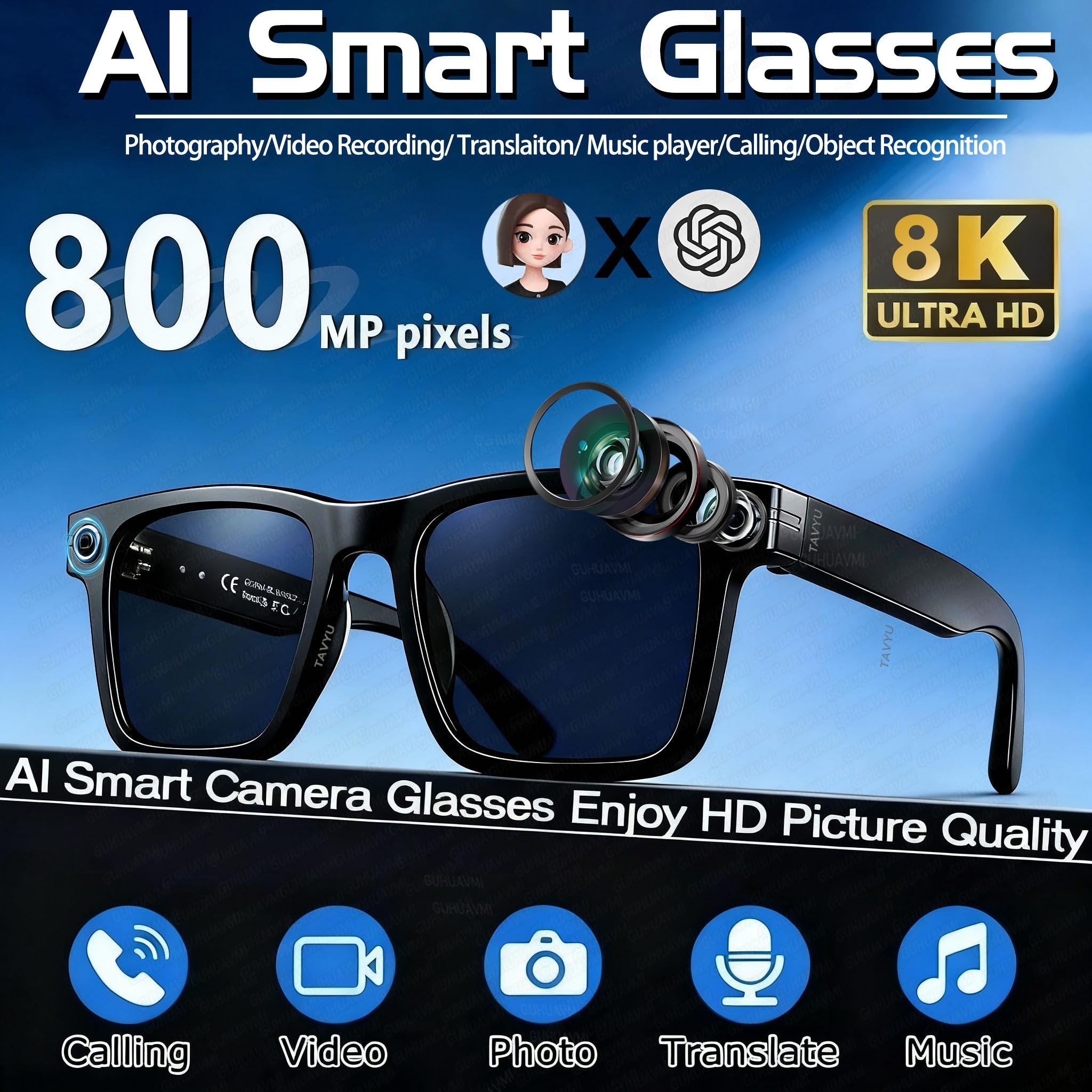 2026 Fashion AI Smart Bluetooth Glasses 800MP Picxel Bluetooth Call Playing Music Men Women WIFI Smart Sunglasses Camera Control - gallery