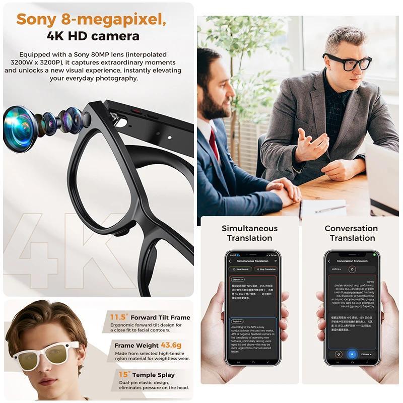 2026 AI Smart Glasses 4K HD Video 800W Camera 32GB WiFi Transfer Bluetooth Call Voice Assistant Chat GPT 3600mAh Charging Case