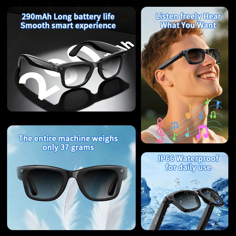 AI Smart Glasses 5 Million Pixels Recording Videos Photo Recognition Answer Translation 290mAh IP66 Waterproof Bluetooth Glasses - gallery