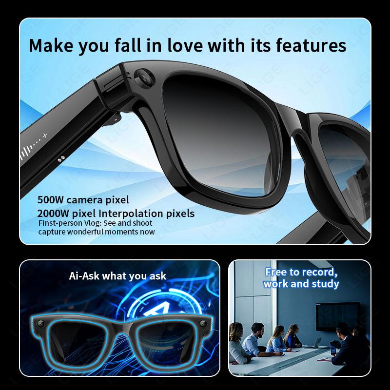 AI Smart Glasses 5 Million Pixels Recording Videos Photo Recognition Answer Translation 290mAh IP66 Waterproof Bluetooth Glasses - gallery