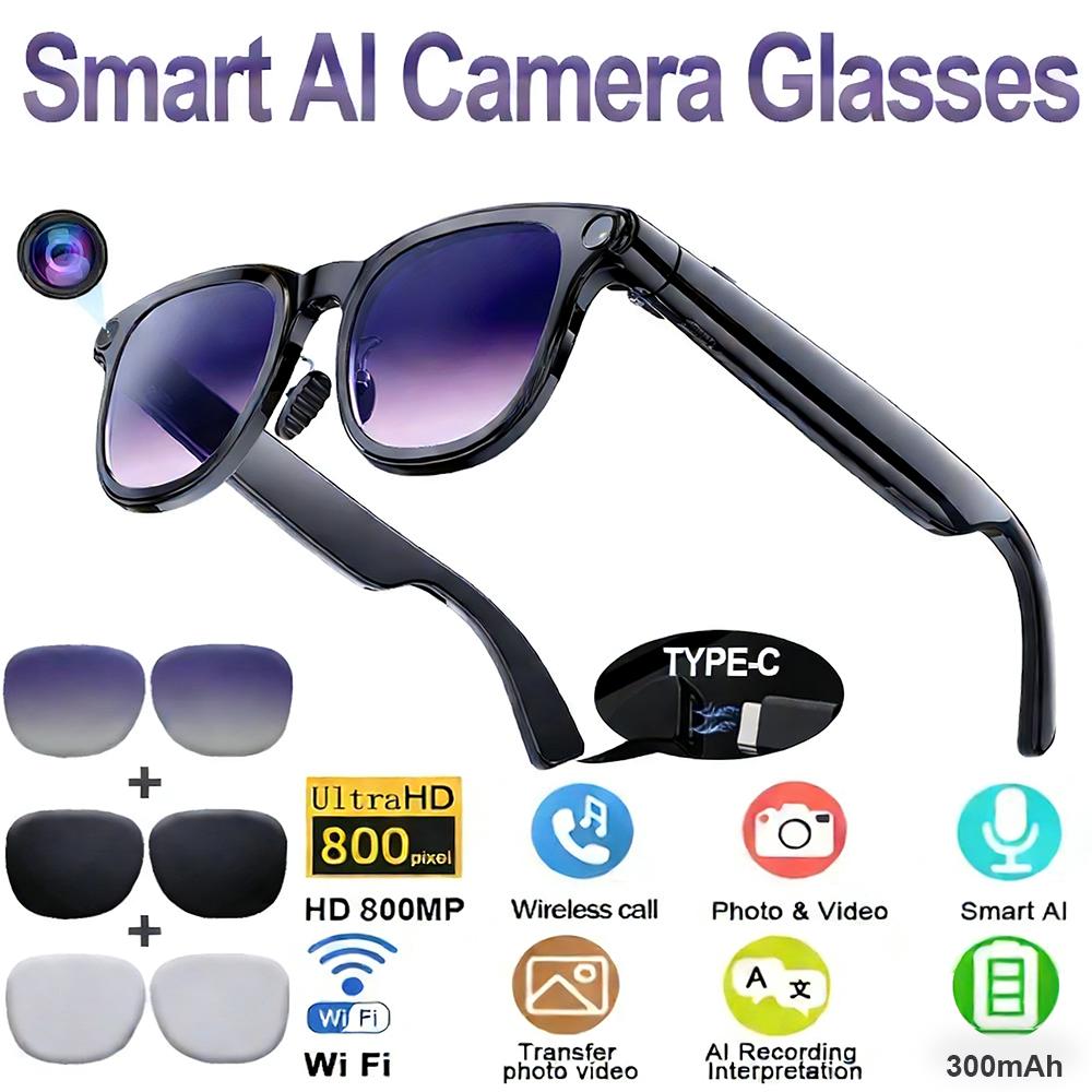 New 3in1 8k Smart AI Bluetooth Glasses HD 800W pixel Shooting Waterproof Camera Photo Video Voice Call Translation Smart Glasses