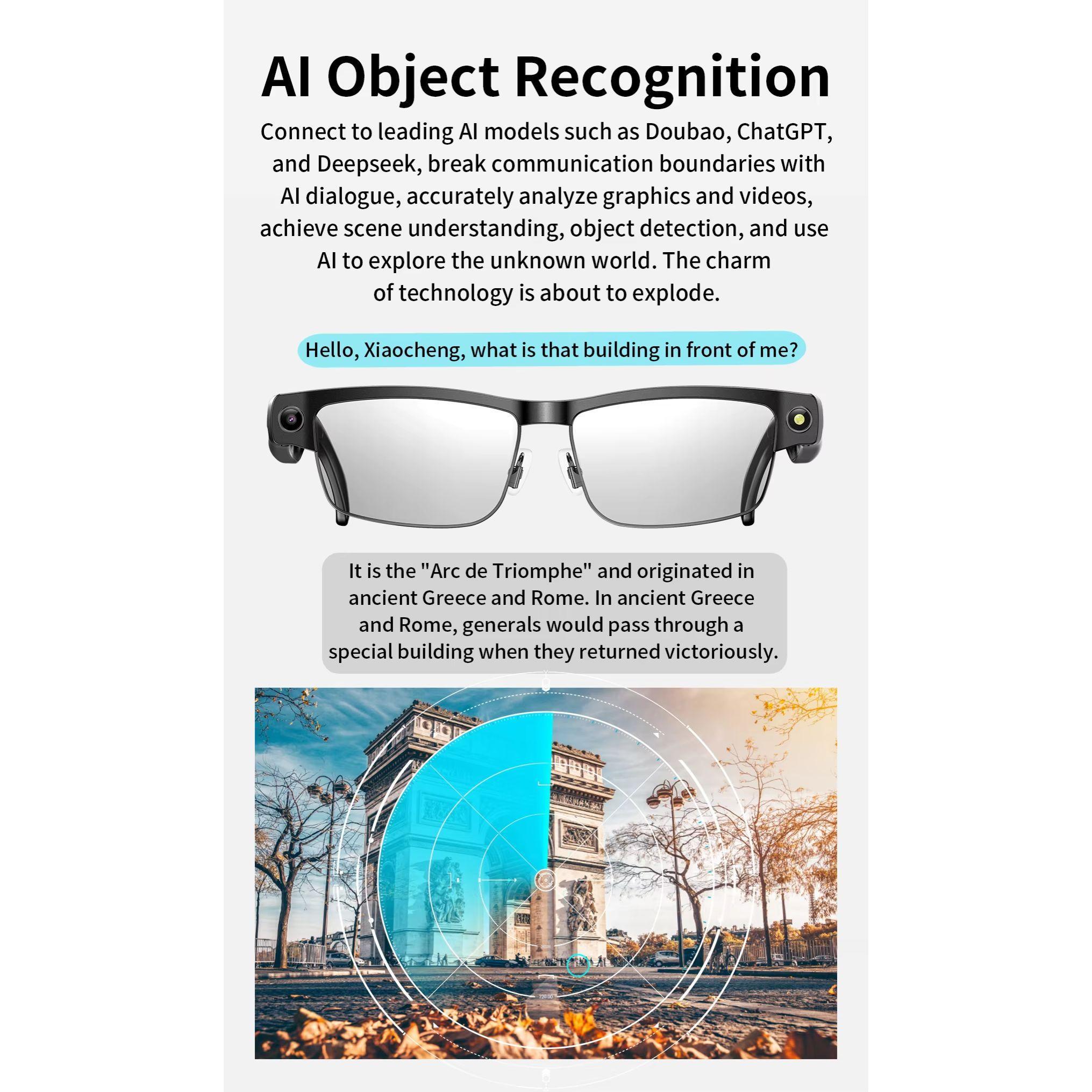 Camera Smart Glasses Photo Video Record BT Call Music Playback Smart Glasses Al Object Recognition Voice Assistant Sunglasses