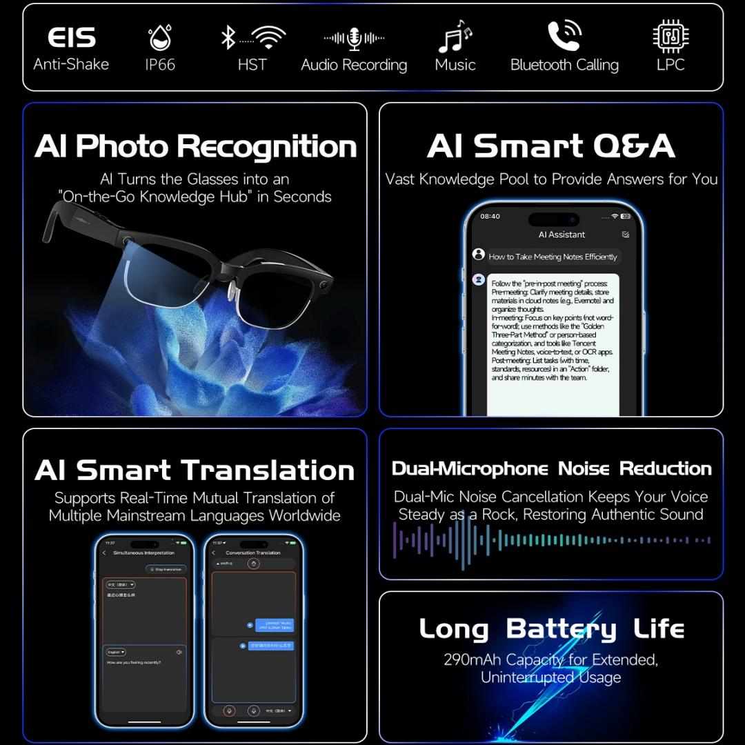 AI Smart Glasses 800W Pixel 4K HD Camera Photo Video Recording Sunglasses Bluetooth Call Voice Assistant AI Translation glasses - gallery