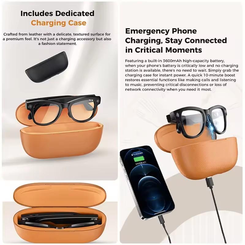New 800W 4K HD Camera Smart Glasses Shooting Real-time Translation Sunglasses 32GB Memory 360° Sound with 3600mAh Charging Case