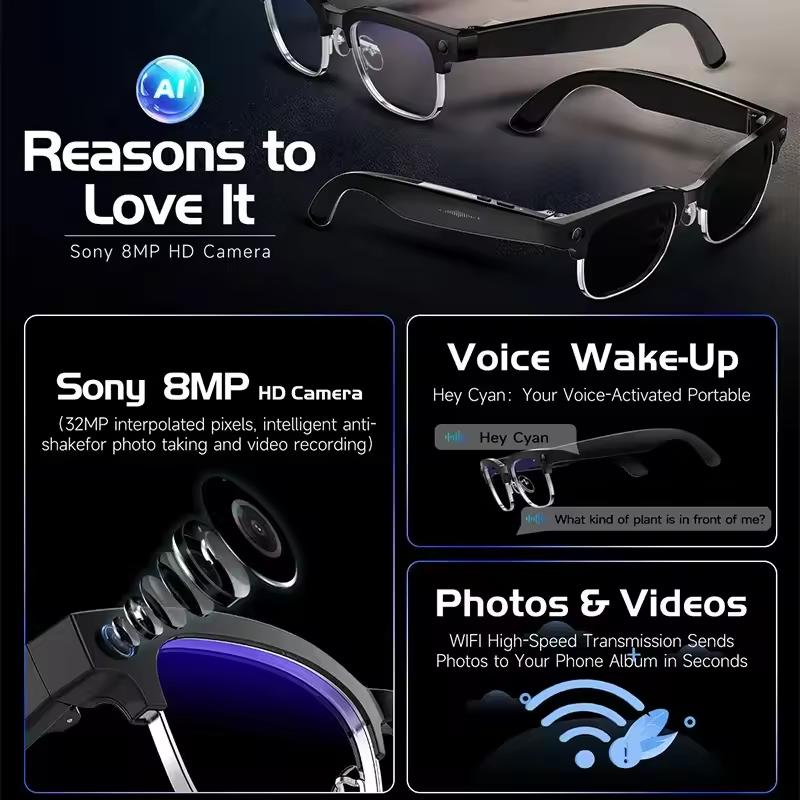 New Smart Bluetooth Sunglasses Open Ear Headphones ENC Noise Reduction Hands-Free Calling IP65 Waterproof Music Player Glasses