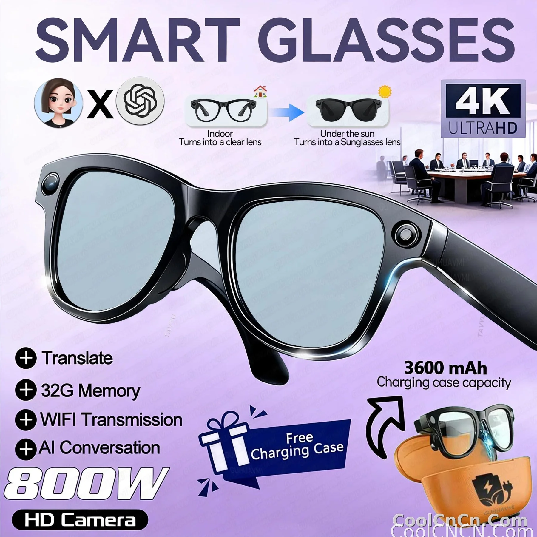 CoolWiz Smart Glasses Baru 3600MAh Pengecas Mudah Alih M02ultra Wanita 800W Kamera AI Terjemahan Rakaman Video Pemain Muzik Cermin Mata Panggilan Lelaki Untuk Sukan Luar Penggunaan Harian - detail