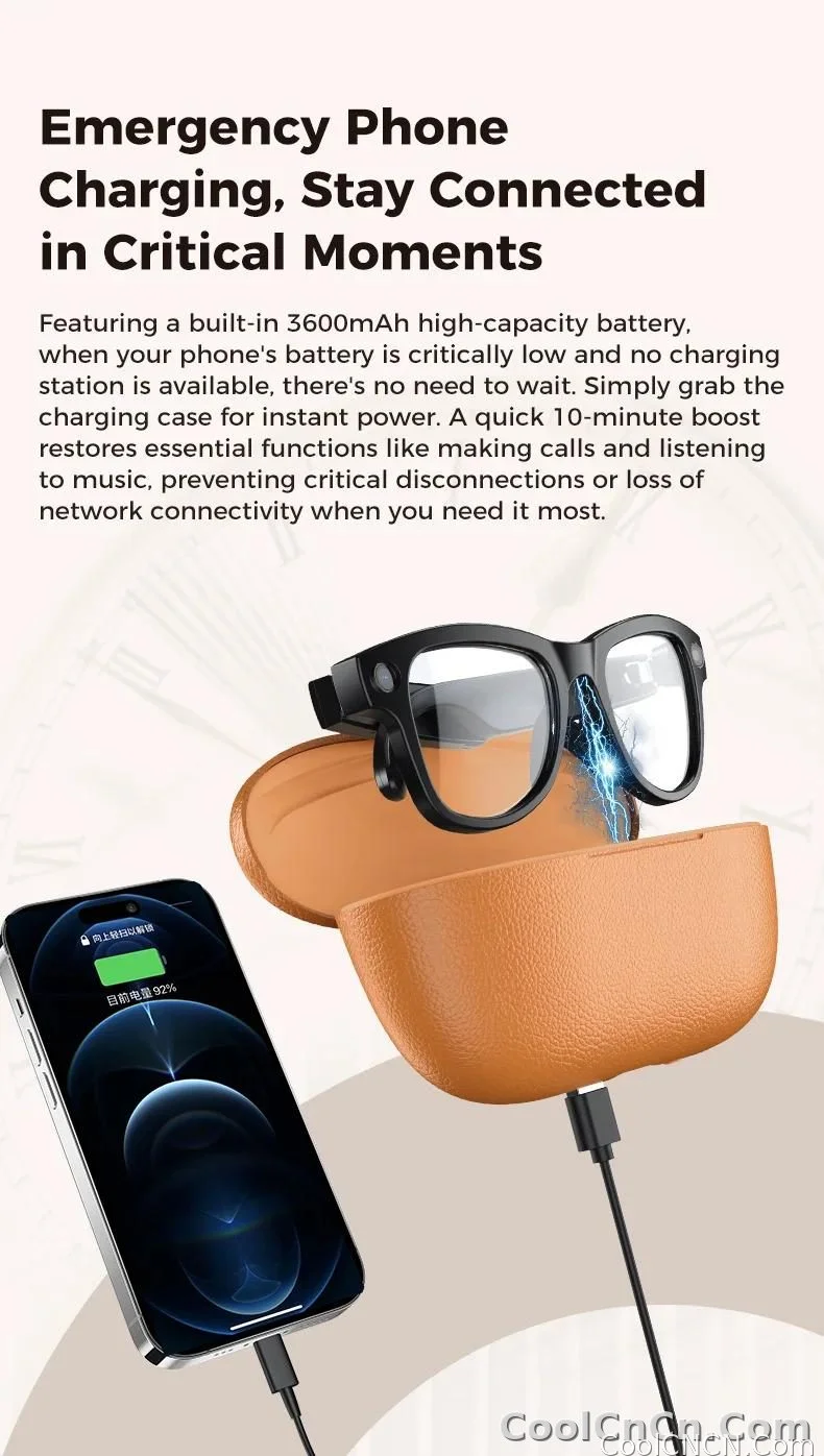 CoolWiz Smart Glasses Baru 3600MAh Pengecas Mudah Alih M02ultra Wanita 800W Kamera AI Terjemahan Rakaman Video Pemain Muzik Cermin Mata Panggilan Lelaki Untuk Sukan Luar Penggunaan Harian - detail