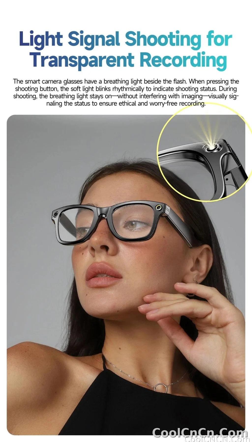 CoolWiz smart glasses with a 1080P video camera, black sunglasses, Bluetooth call translation, music playback, recording, men’s photochromic glasses for outdoor sports and everyday use - detail