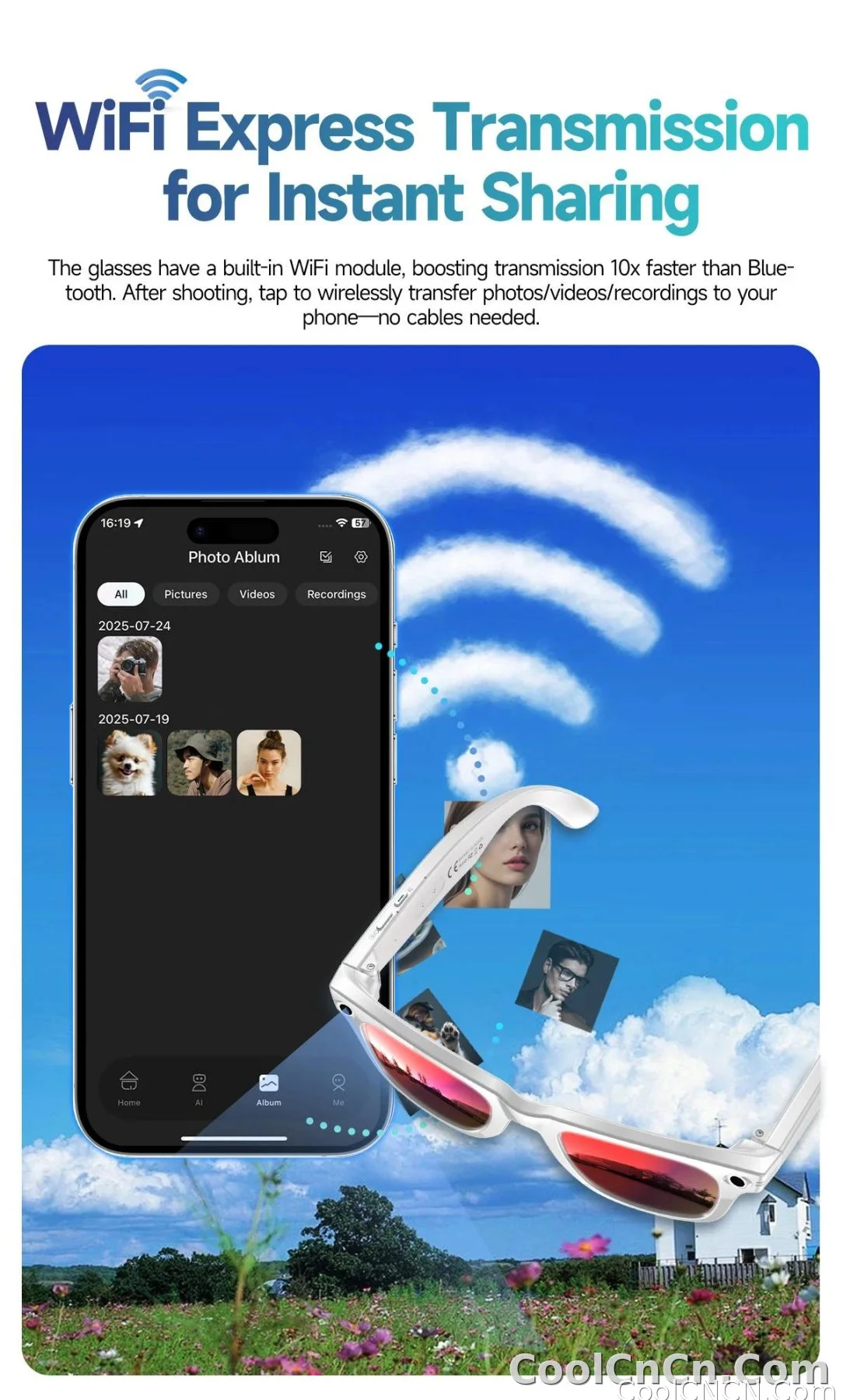 CoolWiz smart glasses with a 1080P video camera, black sunglasses, Bluetooth call translation, music playback, recording, men’s photochromic glasses for outdoor sports and everyday use - detail