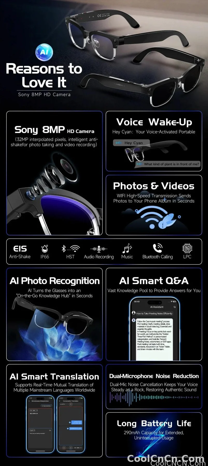CoolWiz New AI Smart Glasses — 120+ Language Translations, 8MP Camera, 8K Resolution, Video & Music Playback, Business Calls, Color‑Changing Lenses, for Men, suitable for outdoor sports and everyday use - detail