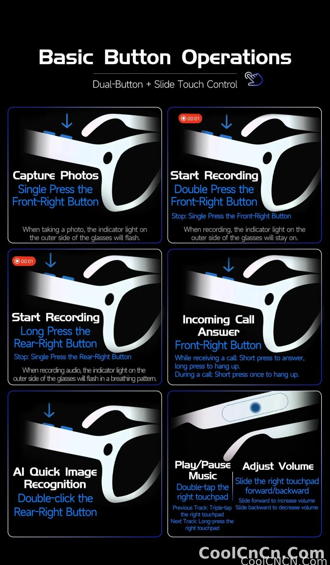 CoolWiz New AI Smart Glasses — 120+ Language Translations, 8MP Camera, 8K Resolution, Video & Music Playback, Business Calls, Color‑Changing Lenses, for Men, suitable for outdoor sports and everyday use - detail