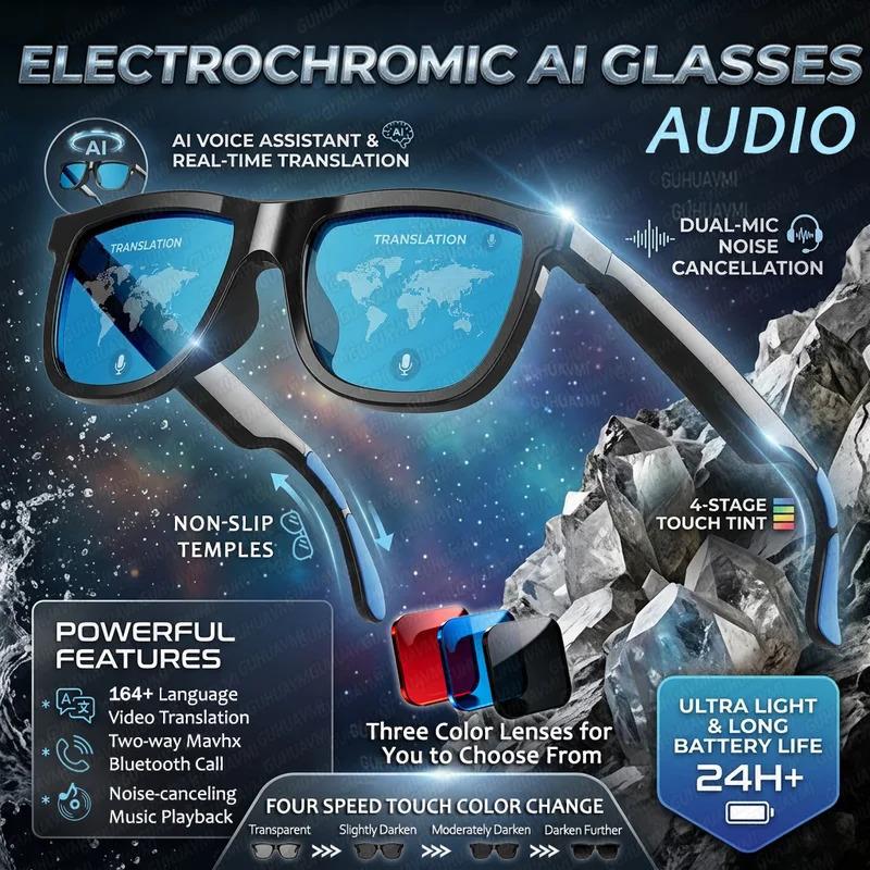 CoolWiz Smart Glasses with Audio, Electrochromic Lenses, Touch Controls, 4 New Speed Levels, 164+ Language Translations, Bluetooth Calling, Blackout Sunglasses, Music, ChatGPT — for outdoor sports and everyday use