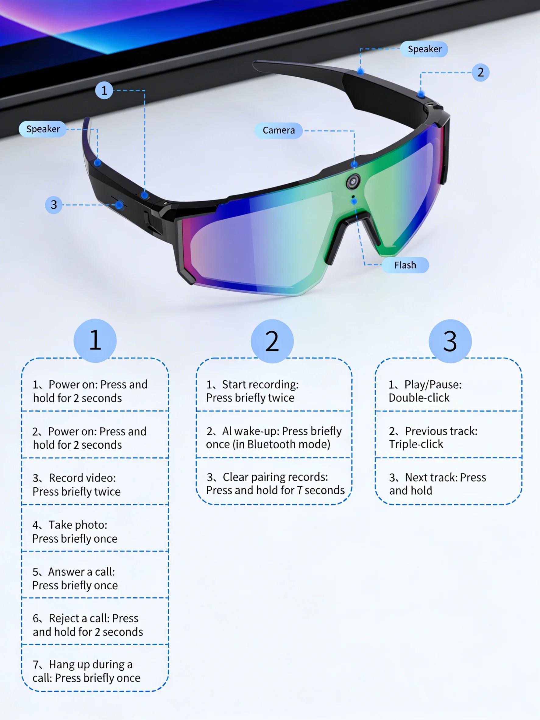 CoolWiz WiFi smart 8MP camera glasses for men, 1080p HD video recording, 32GB storage, polarized sunglasses with AI voice dialogue translation, suitable for sports and outdoor daily use - gallery
