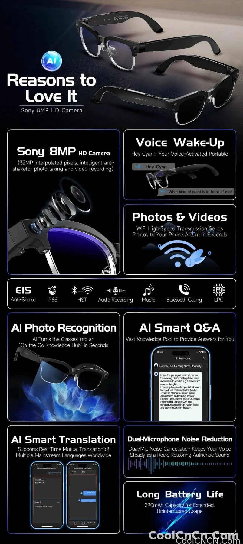 CoolWiz AI Smart Glasses 4K HD with Color Change, 8MP Camera, 1080p Video, AI Music Player, AI Calls, AI Sports Glasses for Men, for Outdoor Sports and Everyday Use - detail