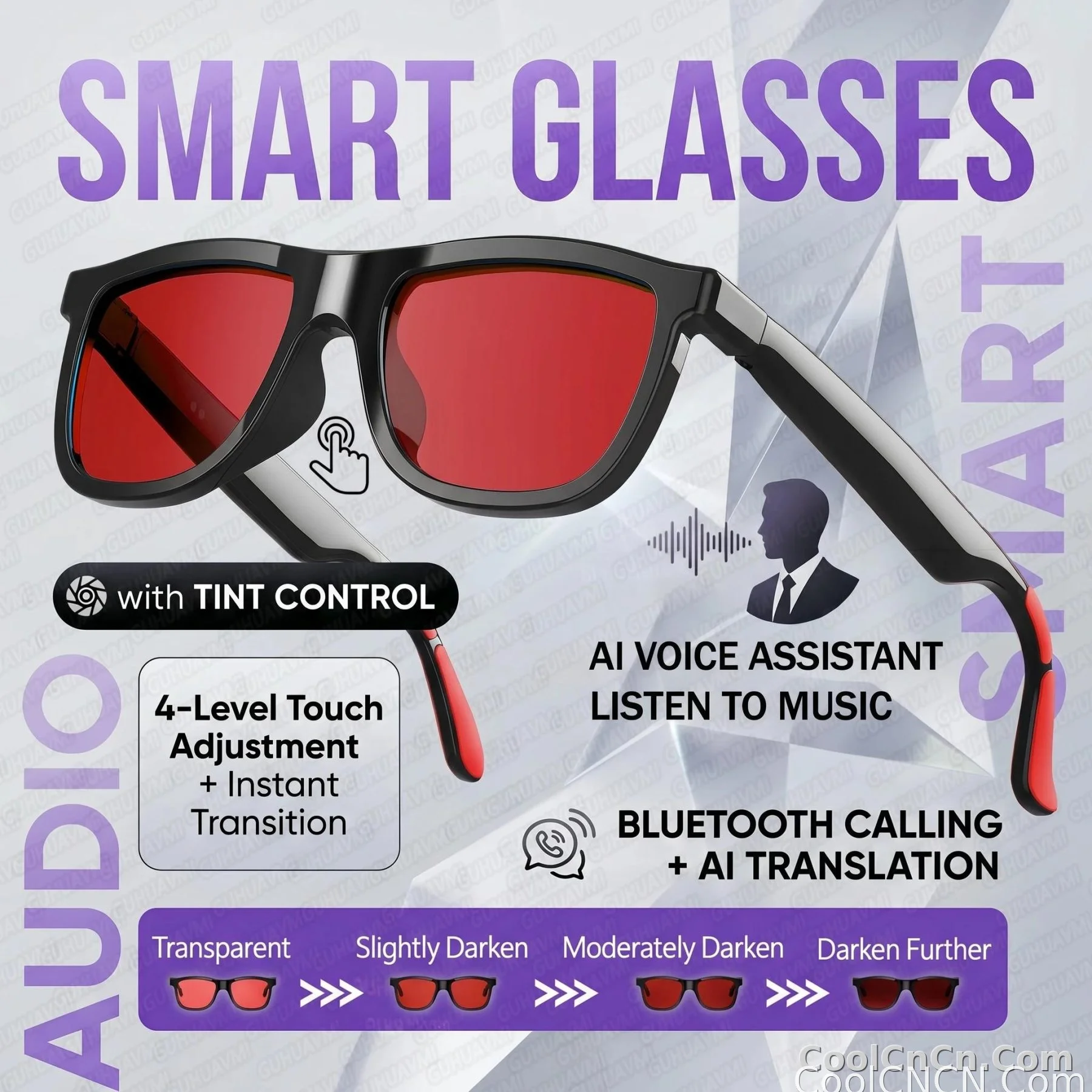 CoolWiz Cermin Mata Pintar Audio Lensa Elektrochromic Sentuhan 4 Kelajuan Baharu 164+Terjemahan Bahasa Panggilan Bluetooth Cermin Mata Hitam Muzik ChatGPT Untuk Sukan Luar dan Penggunaan Harian - detail