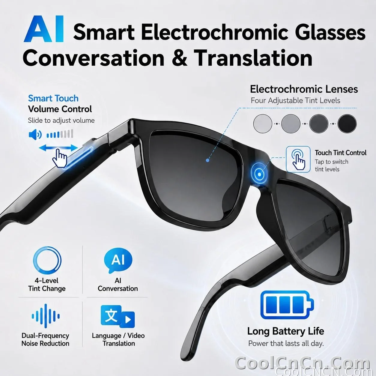 CoolWiz Cermin Mata Pintar Bluetooth 4 Tahap Elektrochromic AI Baharu ChatGPT 164+Terjemahan Bahasa Muzik Panggilan Bebas Tangan Cermin Mata Hitam Untuk Sukan Luar Penggunaan Harian - detail