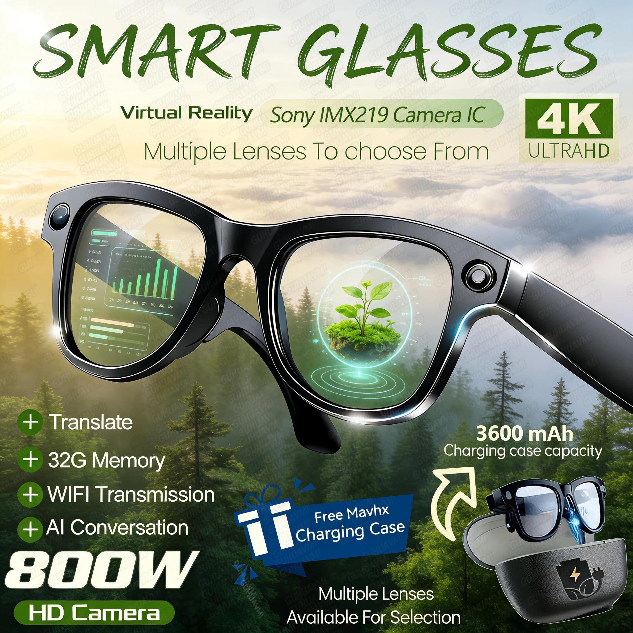 2026New Smart AI Glasses 4K 800W Camera ChatGPT Photos&Video 3600mAh Charging Case Power Bank 32GB Translation Music Sunglasses