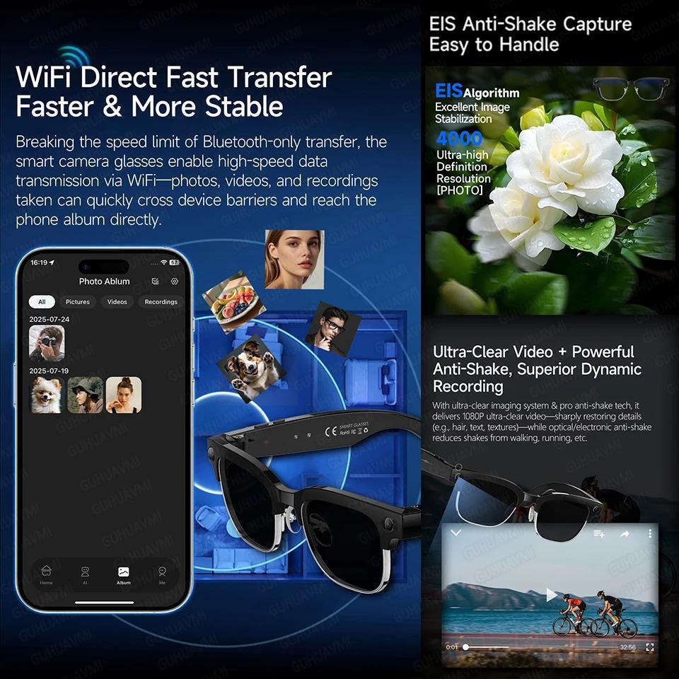 2026New AI Smart Glasses 800W Pixel Camera Various Language Translation Video Music BT Call Business 4K Color Change Glasses Men - gallery