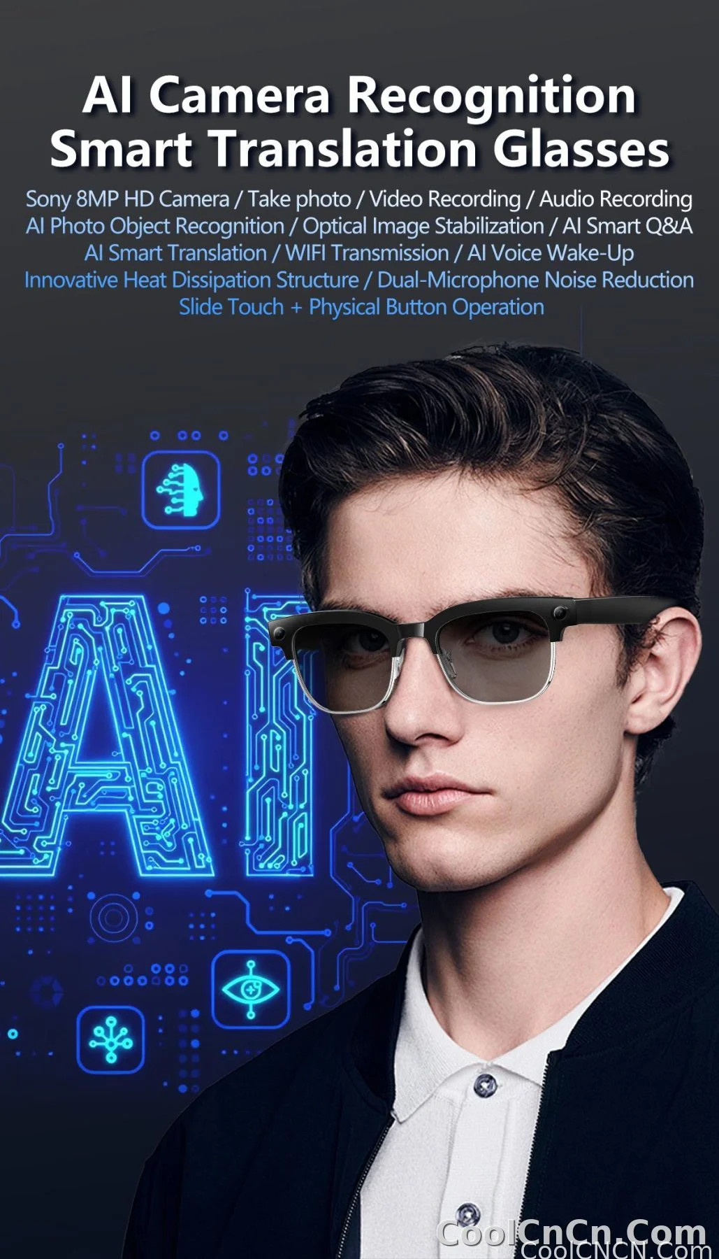 2026New AI Smart Glasses 800W Pixel Camera Various Language Translation Video Music BT Call Business 4K Color Change Glasses Men - detail