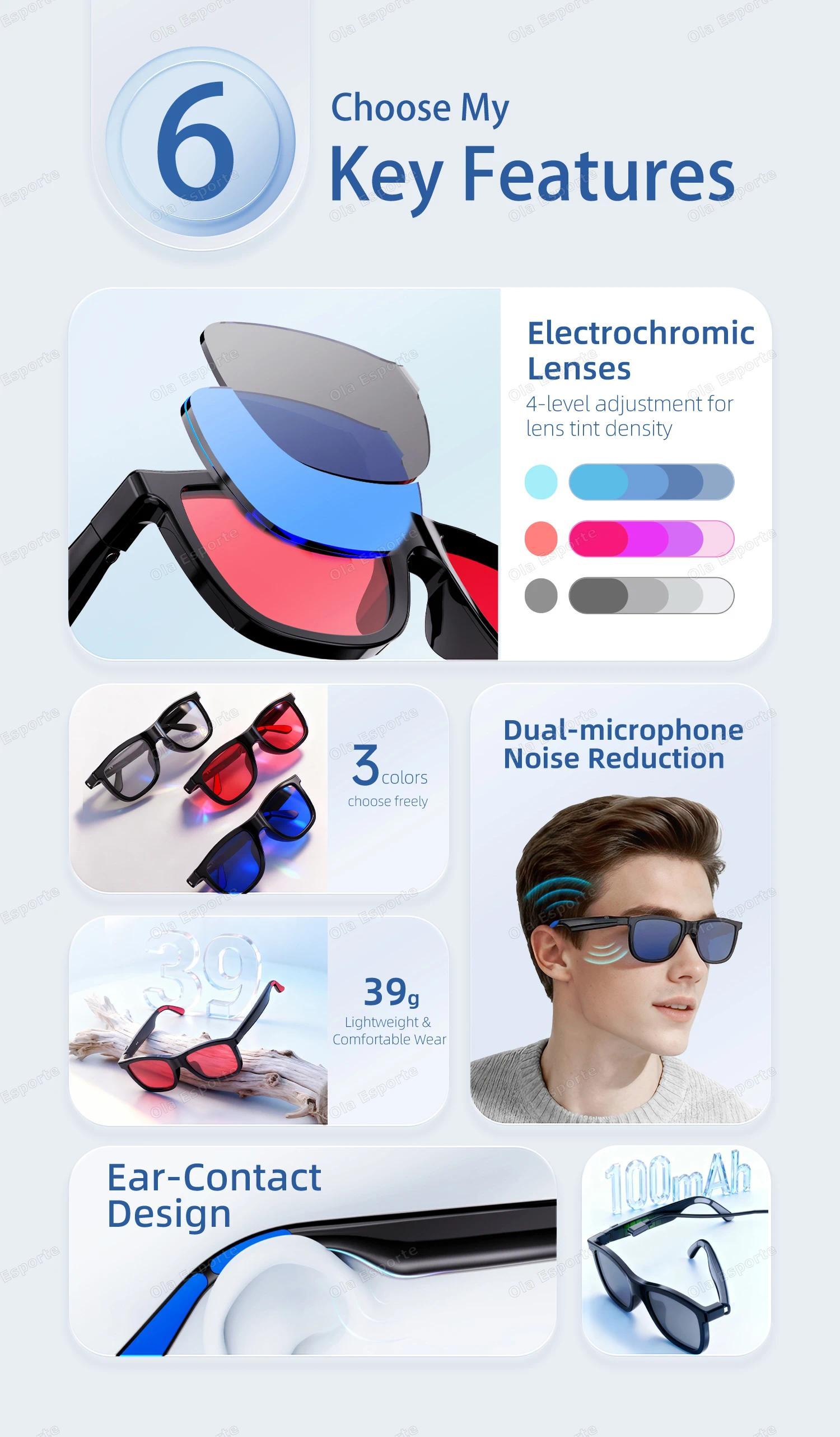 2026 Smart Audio Glasses Touch Control Color Changing Lens Dual Microphone Noise Reduction AI translation Bluetooth Sunglasses - gallery