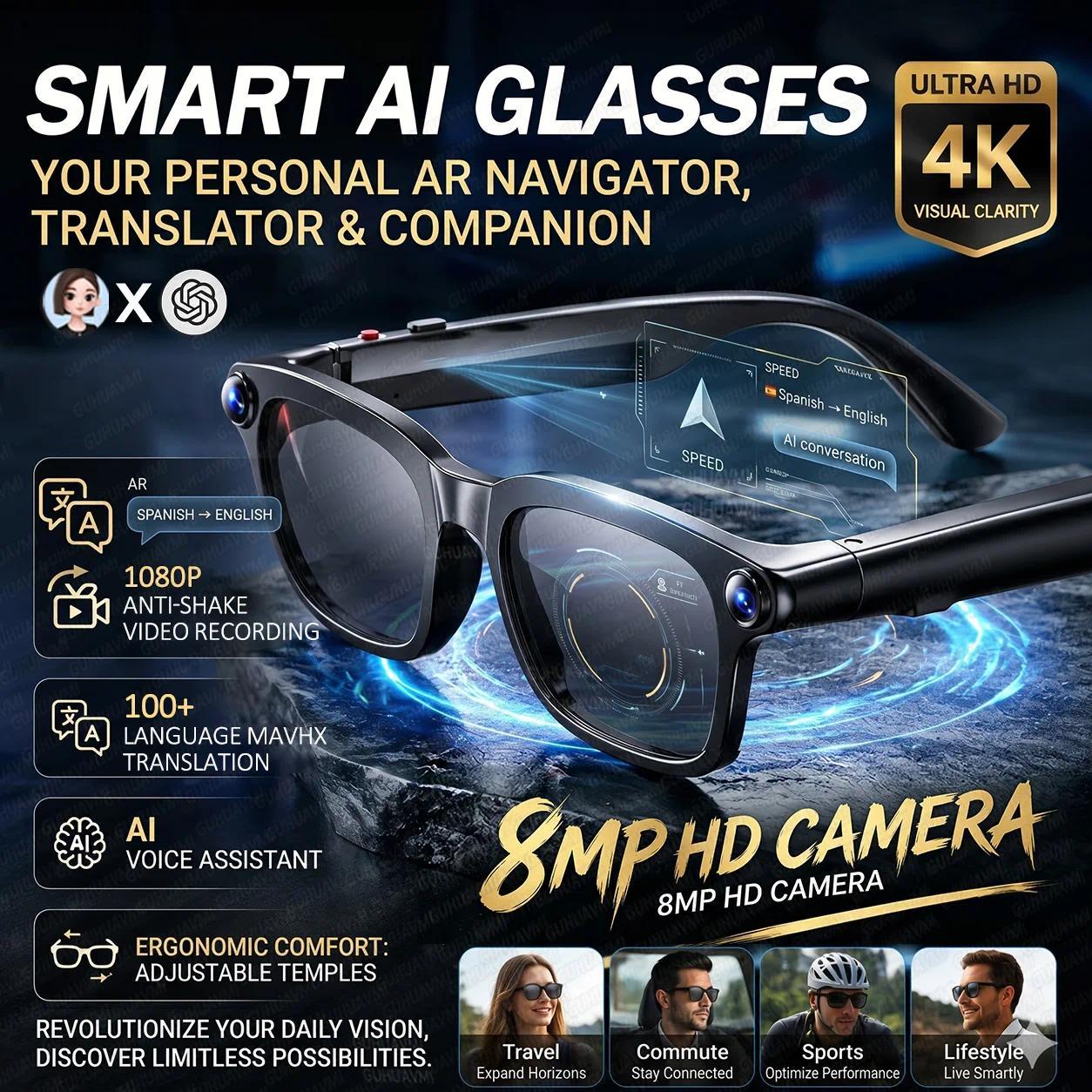 2026 New 800W Pixel Camera 1080P Video Recording Smart Glasses Men AI Voice Assistant Music Player Translation Sports Sunglasses