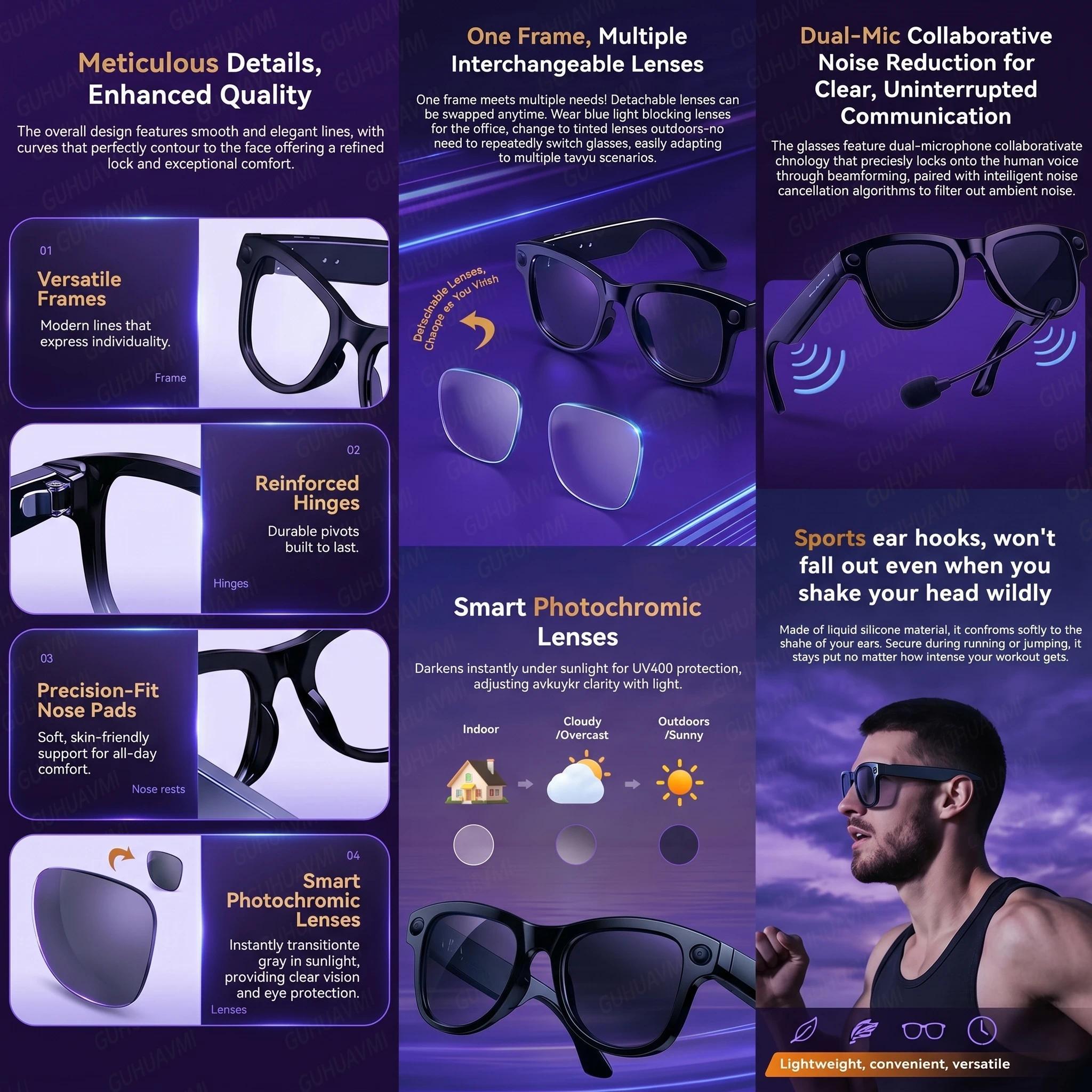 2026 New AI Video Glasses 1080P HD Camera Recorder Bluetooth Audio Voice Control Touch WiFi Sync Smart Glasses for Travel Use HD - gallery