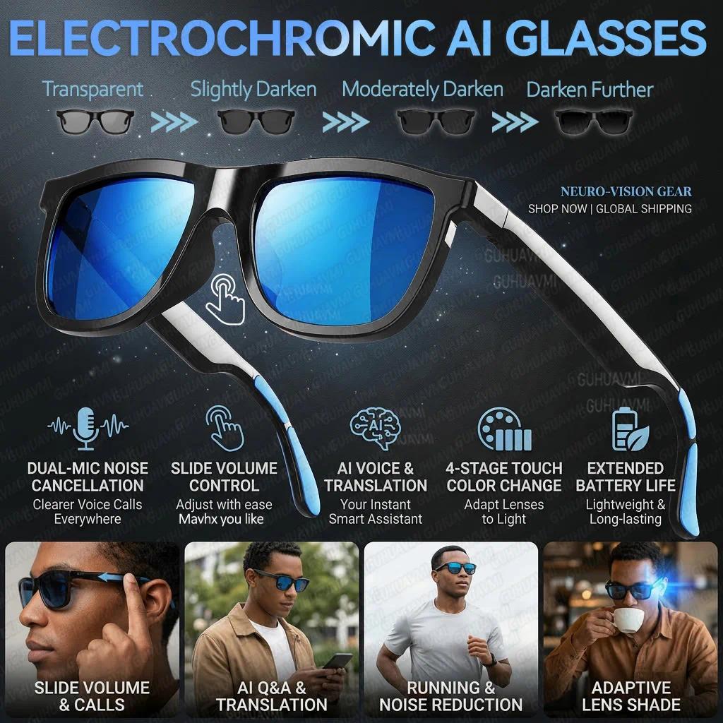 2026 New Touch Color Change Smart Glasses 100+Translation Voice Wake-Up Dual Mic Noise Reduction Bluetooth Music Audio Sunglasse