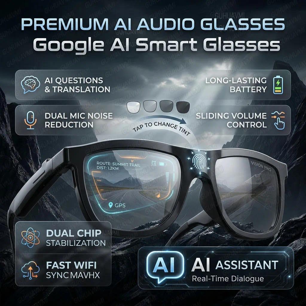 New Pro Smart Audio Sunglasses 2026 AI Translation Q&A Bluetooth HD Sound ENC Dual Mic Touch 4-Speed Color Change IP65 TR90 Men