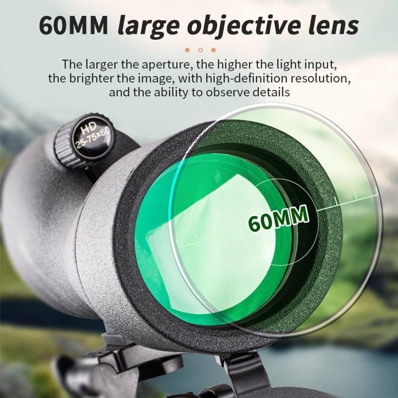 25-75x60 HD Spotting Scope Powerful Monocular Zoom Telescope Prism Waterproof for Birdwatching Target Shooting Camping