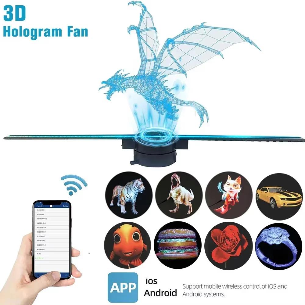 3D Hologram Fan WiFi 3D Holographic Projector Advertising Display HD Light Holographic Projector for Stores Bars Party Xmas