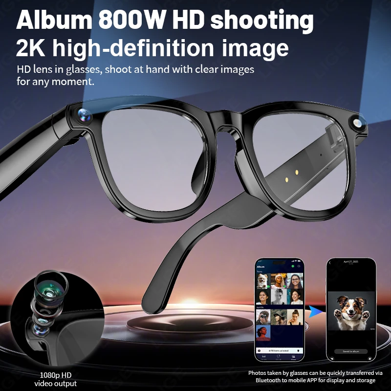 AI Smart Glasses with 8MP Camera Video Recording Eyeglass Languages Translation Sunglasses Bluetooth Call Music Player Men Women