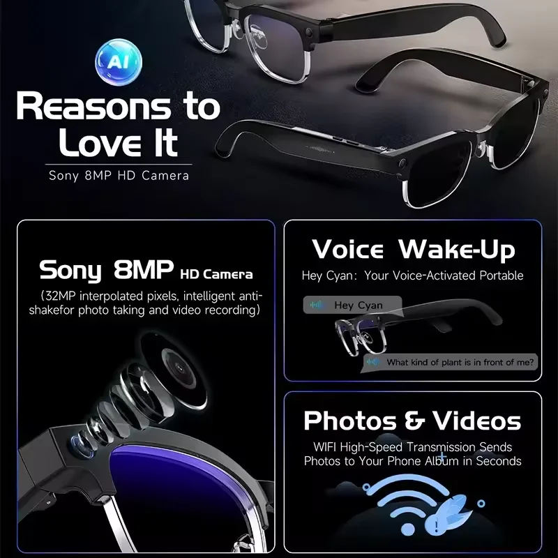 2026New AI Smart Glasses 120+Language Translation 800W Pixel Camera Video Music Player Call Business 8K Color Change Glasses Men