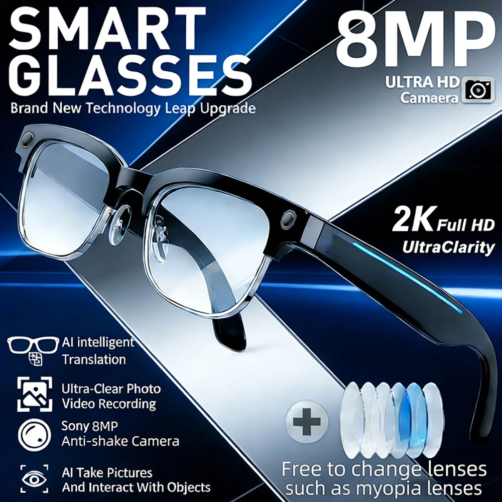 2026 New 8MP Ultra-Wide HD Camera Smart Glasses Video Record 4GB AI Photo Recognition BT Call Translation Voice Smart Glasses