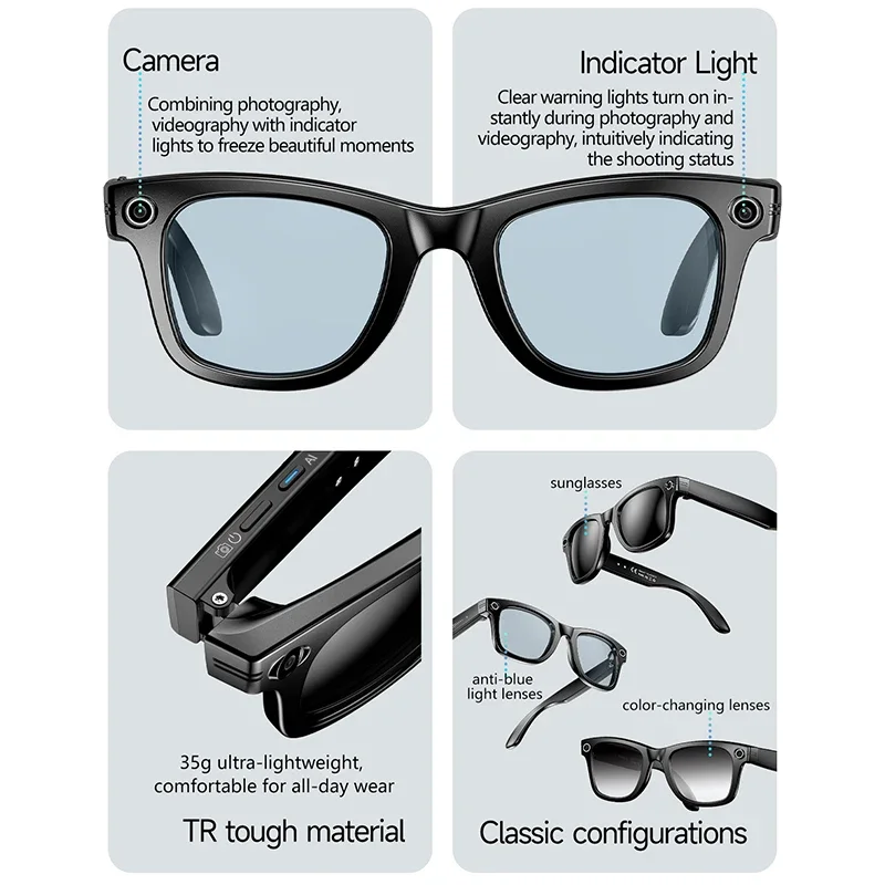 Smart AI Translation Smart Glasses Take Photos Recognizing Objects 4K Camera Bluetooth Music Call Intelligent Recording Glasses