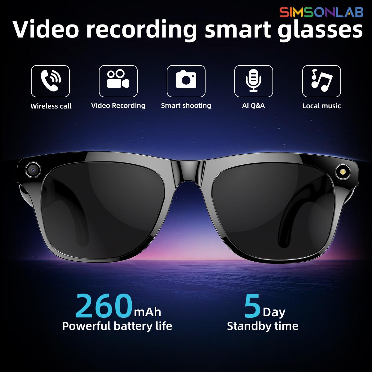 Smart Glasses Camera For Photo&Video Capture With Built-in Flash High-Capacity Battery Men Women Headphone Bluetooth Sunglasses Local Wearable Chargeable White