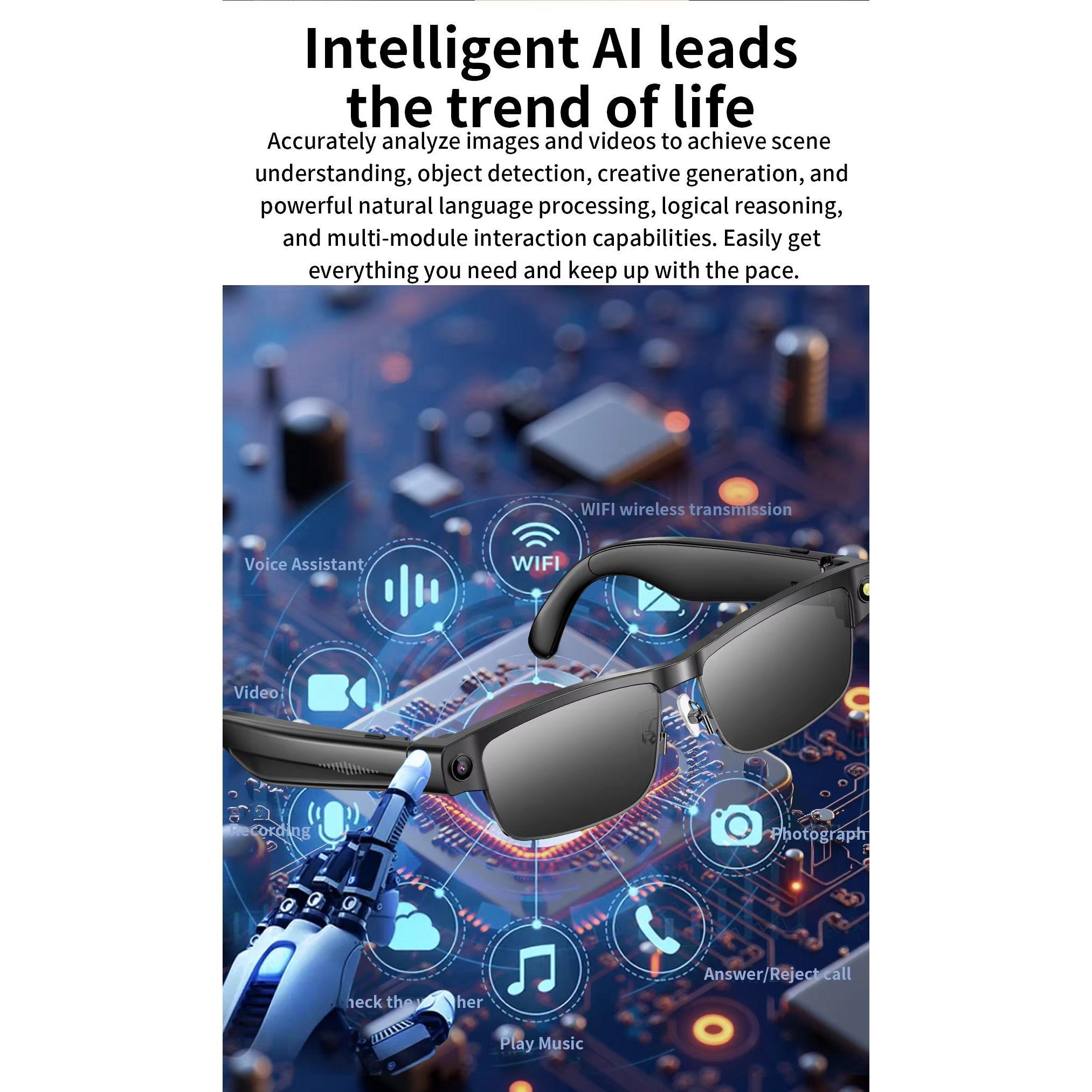 Camera Smart Glasses Photo Video Record BT Call Music Playback Smart Glasses Al Object Recognition Voice Assistant Sunglasses Bluetooth Android Magnetic Memory Wearable - Image 3