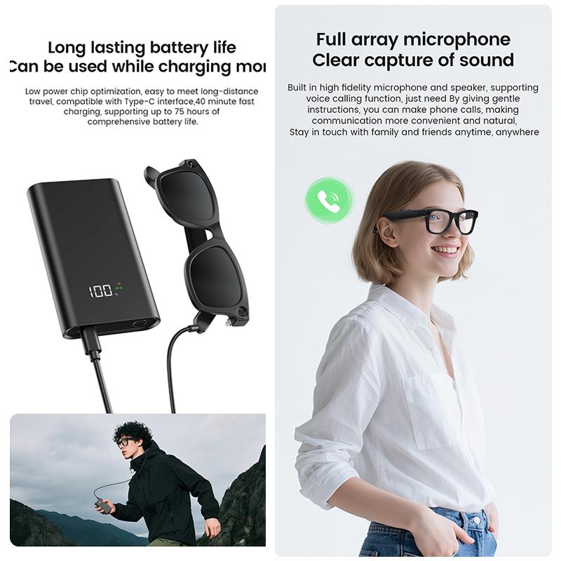 AI Smart Glasses Men Women 800W HD Camera Video Translation Music Touch Outdoor Sports 32GB Ultra Large Battery Smart Glasses Wearable Transparent Lenses