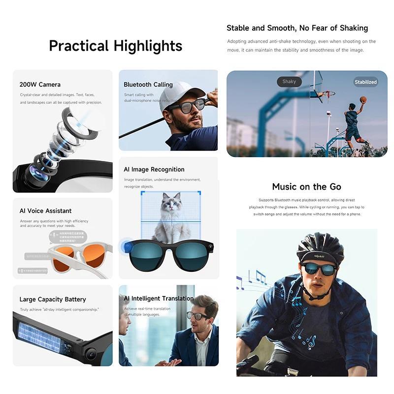 New Smart Glasses Men 8MP Camera WiFi Bluetooth Touch Control IP65 Waterproof AI Translation Noise Cancelling AI Glasses Women