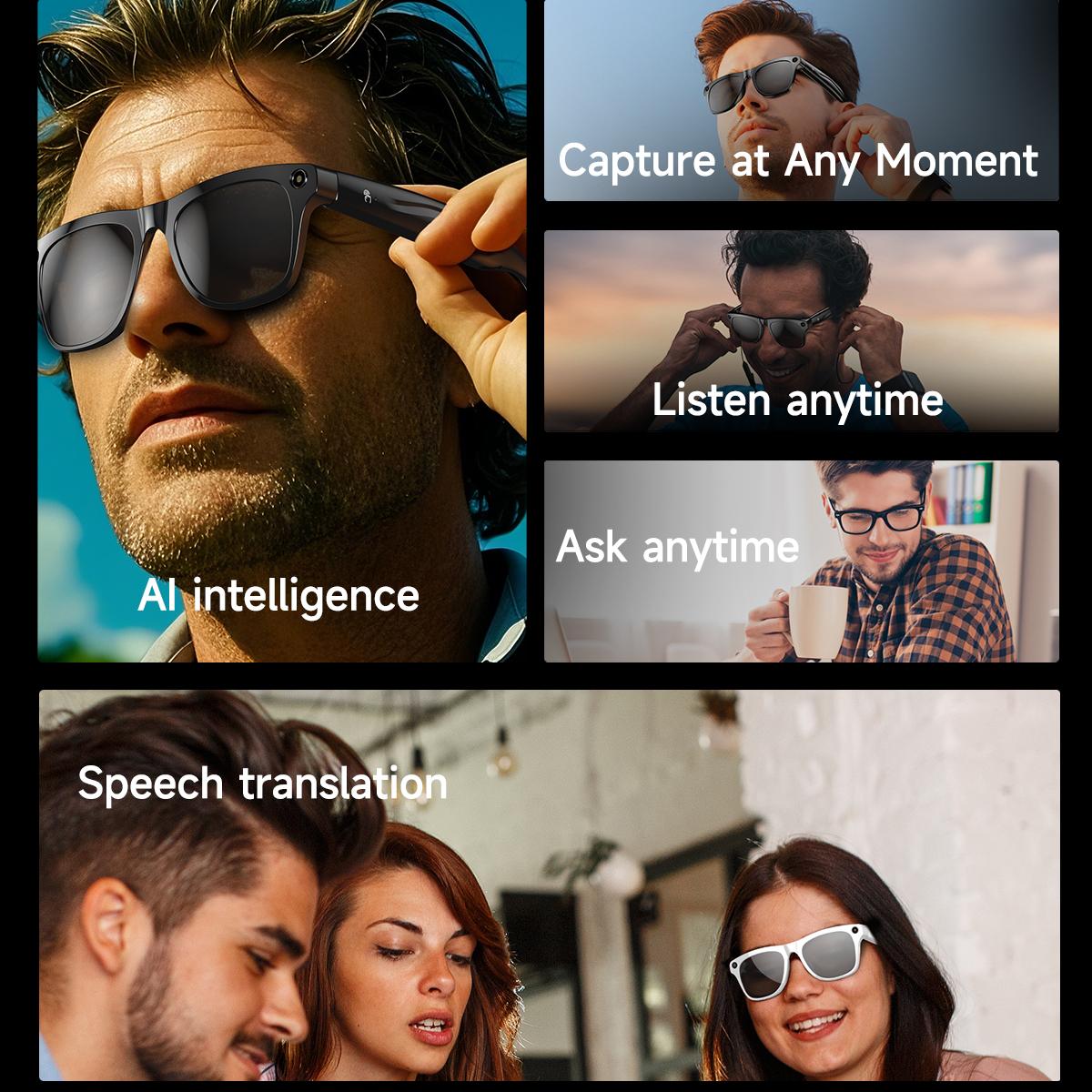 New Smart Glasses Voice Assistant BT Call AI Translation HIFI Headphones HD Anti-shake Camera Lenses Fashion Anti-UV Sunglasses