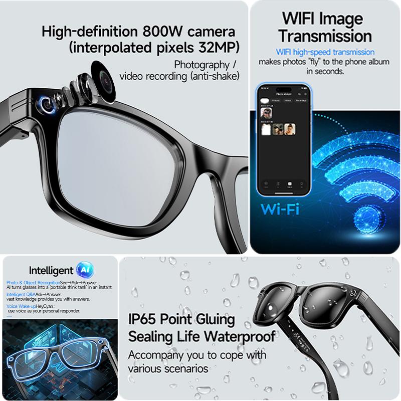 AI Glasses For Men Video Recording Glasses Noise Cancelling 800W Pixel Playing Music Real-time Translation Sunglasses For Women