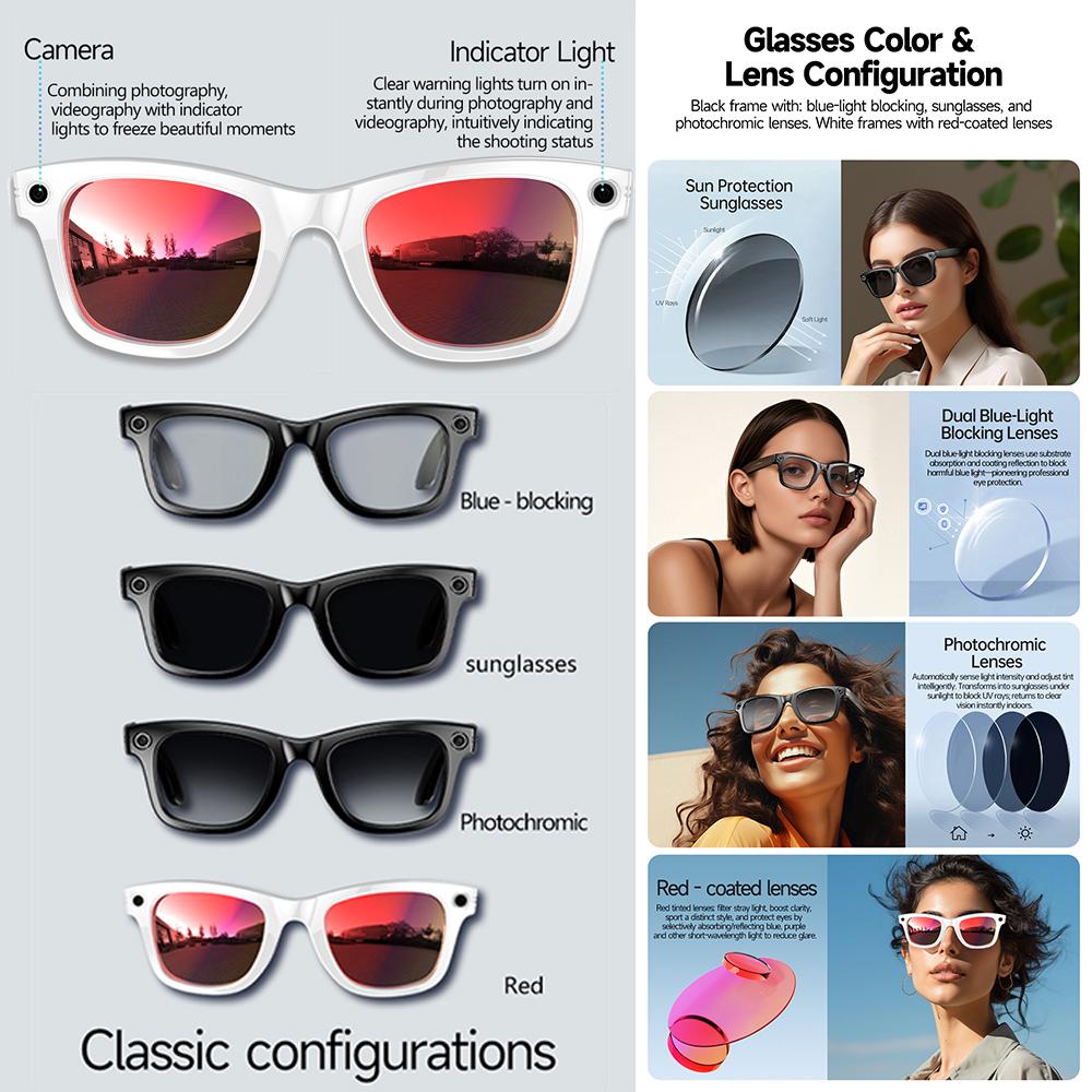 Smart AI Black Glasses, New for 2026, 800W Camera, For Men, Color-Changing Translation Glasses, Waterproof, Suitable for Calls, Photo and Video Recording