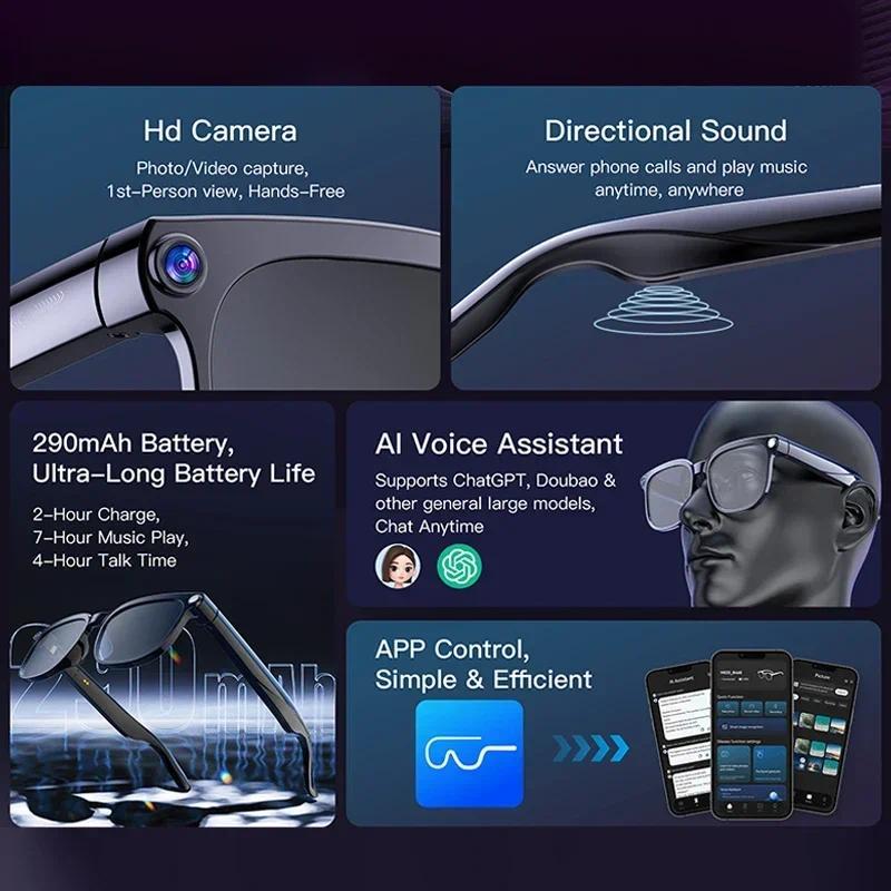 Smart Glasses, New for 2026, 8MP HD Camera, Voice AI, Photo Video Recording, Translation, 290 Long Battery, Music, Waterproof
