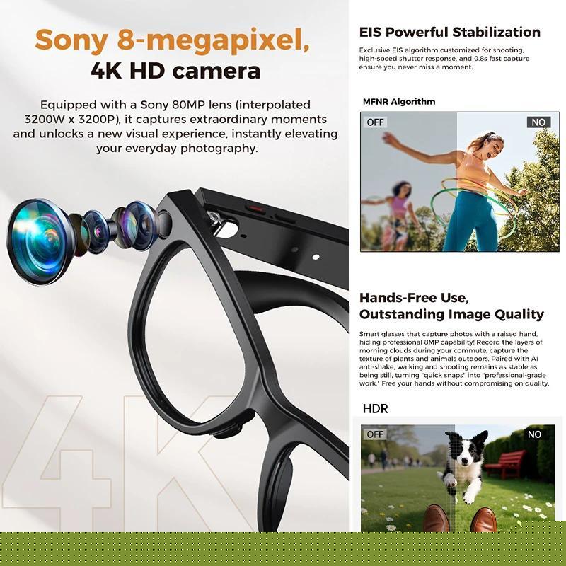 Smart AI Glasses, New Arrival, 800W Pixel Camera, Video Recording, AI Voice Translation, Music Transfer, WIFI Connectivity, Call Capability, Smart Glasses
