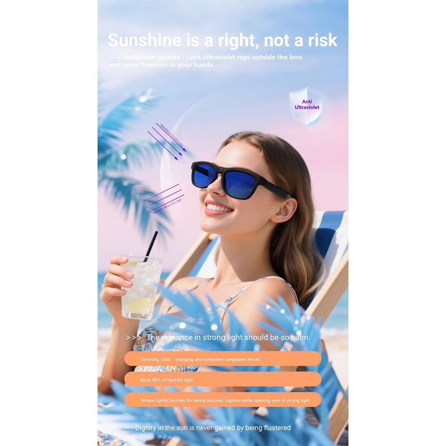 Touchless Light-Adjustable Bluetooth Glasses, Multifunctional Electrochromic Glasses, AI Smart Translation, HD Calling Music Player, New in 2025