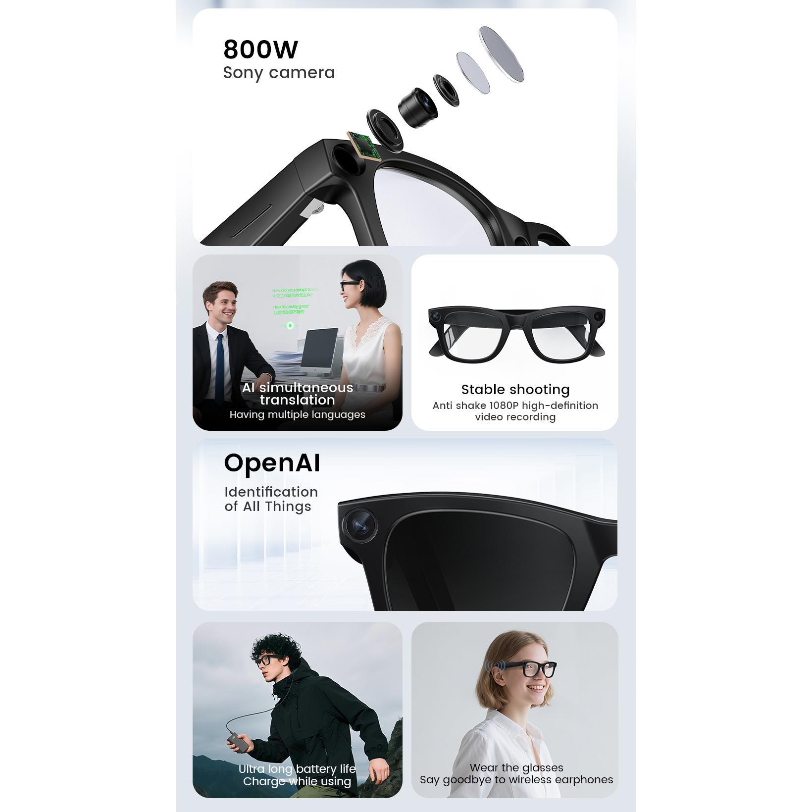 Ai Glasses with Camera  E02 8MP Real TIme Translation Anti-Shake Shooting Ai Voice Transcription Long Duration Wearable Headset