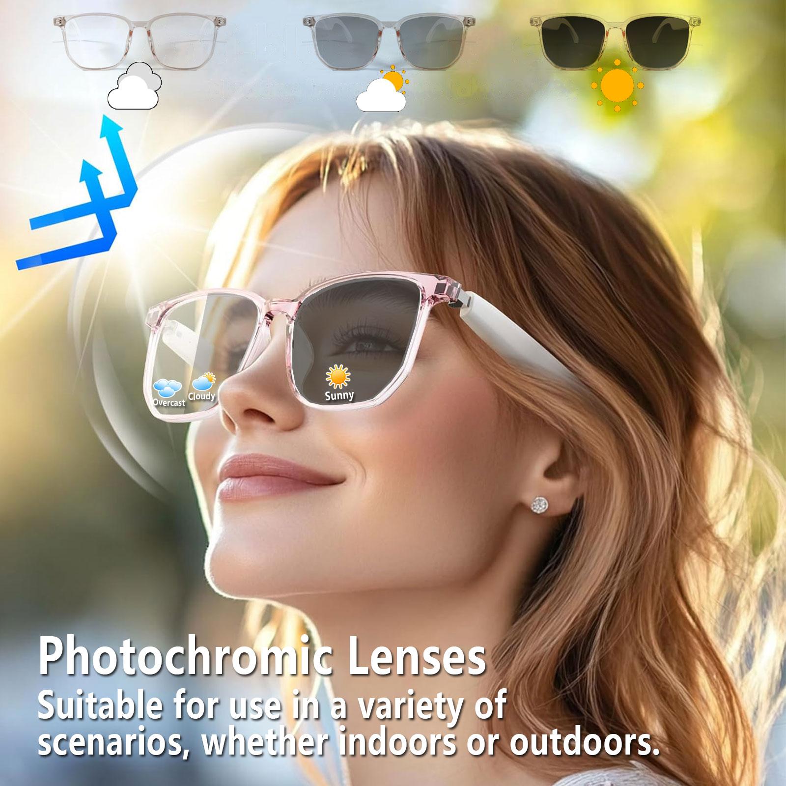 Smart AI translation audio glasses, real-time app translation in over 160 languages, light-sensitive color-changing lenses